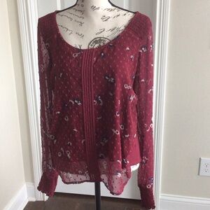 LC Lauren Conrad Maroon Floral scoop neck  Blouse with long sleeves Sz M